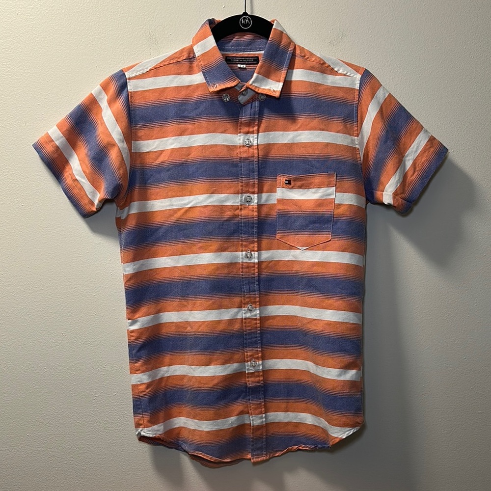 Tommy Hilfiger Boys Blue Orange Striped Button Up Shirt Size 14